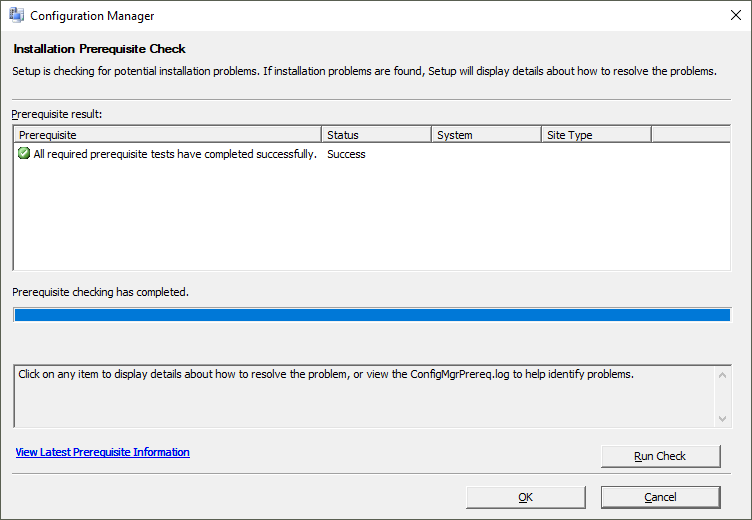 Configuration Manager nástroj pro kontrolu požadovaných součástí instalace.