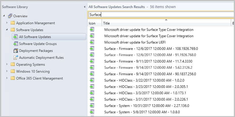 Synchronizované ovladače zařízení Surface v konzole Configuration Manger