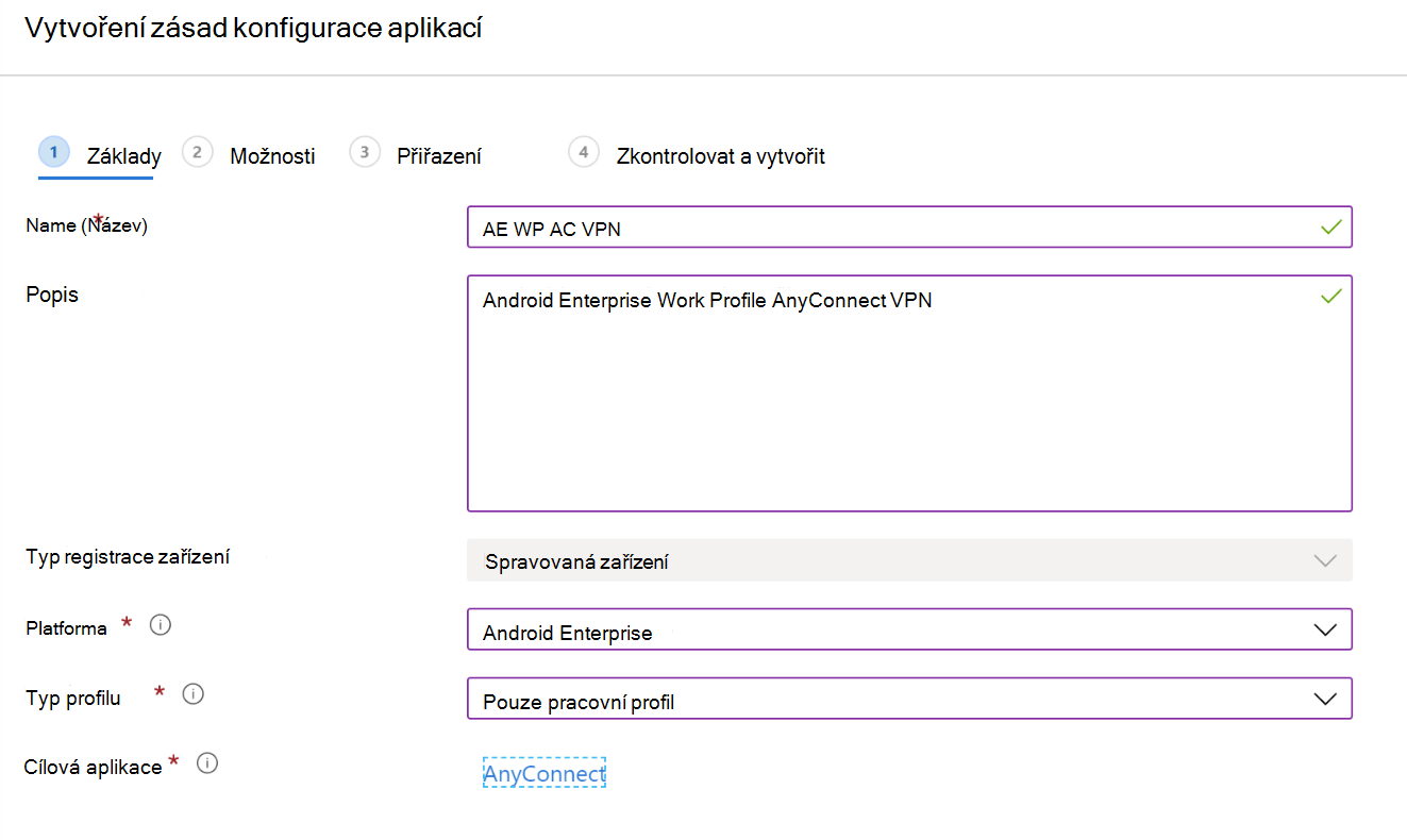 Vytvoření zásady konfigurace aplikace pro konfiguraci sítě VPN nebo SÍTĚ VPN pro jednotlivé aplikace v Microsoft Intune