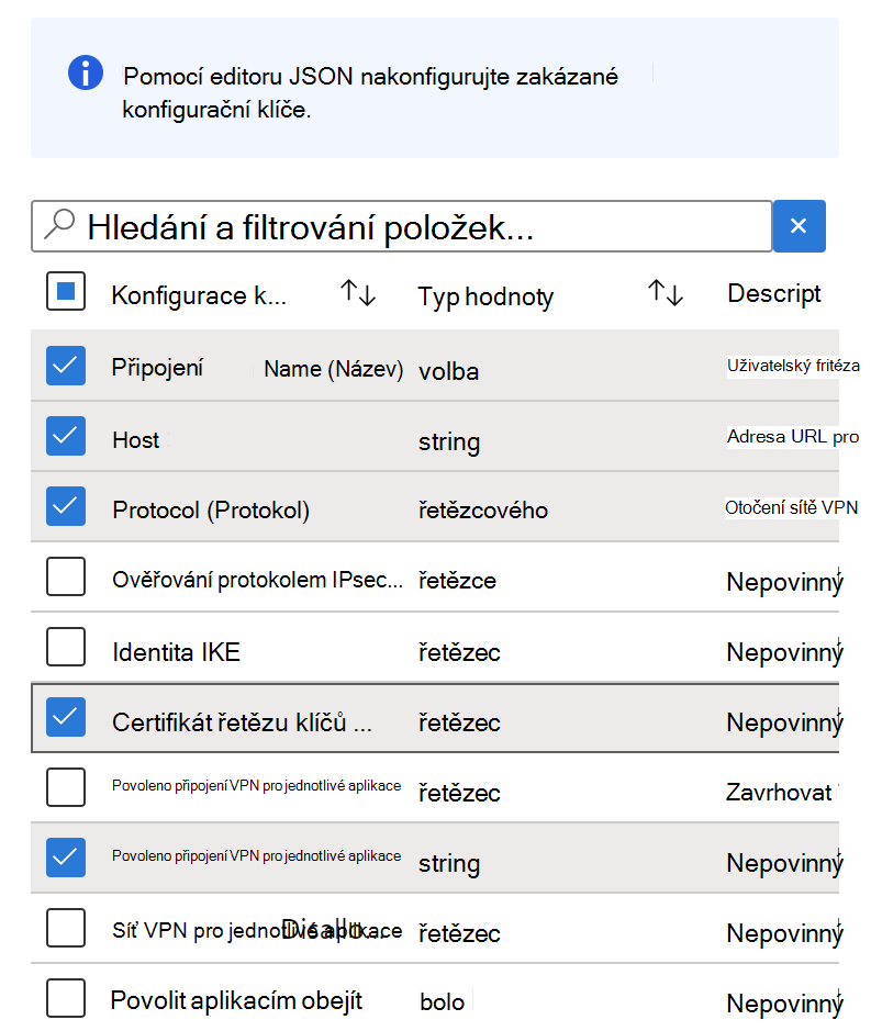 Přidejte konfigurační klíče do zásad konfigurace aplikace VPN v Microsoft Intune pomocí konfiguračních Designer – příklad.