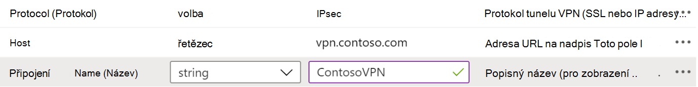 Příklady protokolu, názvu připojení a názvu hostitele v zásadách konfigurace aplikace VPN v Microsoft Intune pomocí konfiguračního Designer