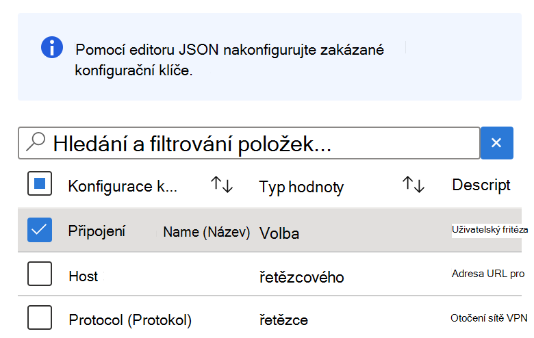 V Návrháři konfigurace vyberte libovolný klíč s typem řetězcové hodnoty v zásadách konfigurace aplikace VPN Microsoft Intune.