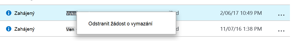 Snímek obrazovky se seznamem žádostí o vymazání v podokně Selektivní vymazání aplikace