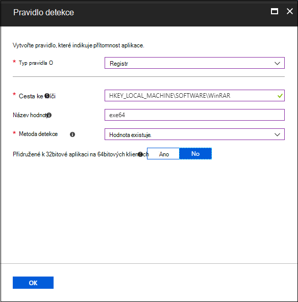 Snímek obrazovky s podoknem pravidla detekce – existuje hodnota registru