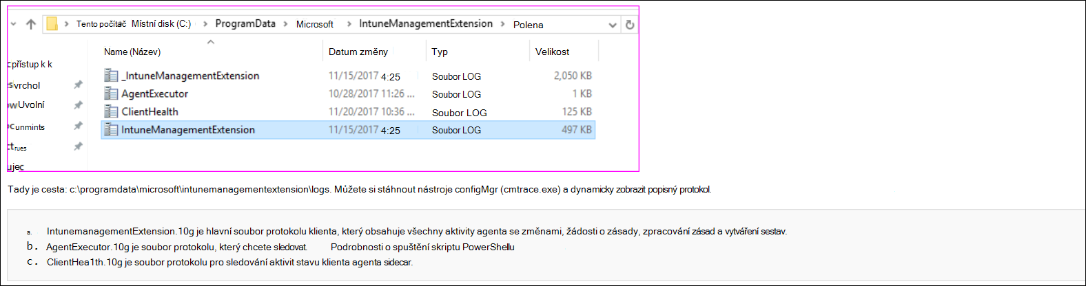 Snímek obrazovky nebo ukázkové protokoly agenta cmtrace v Microsoft Intune
