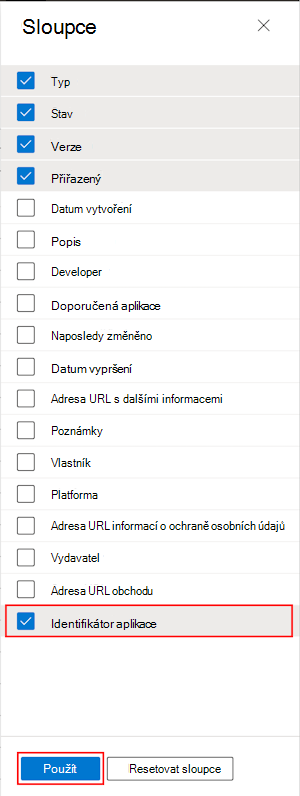 Snímek obrazovky, který ukazuje, jak vybrat sloupec ID sady aplikací ve všech aplikacích v Microsoft Intune a v Centru pro správu Intune