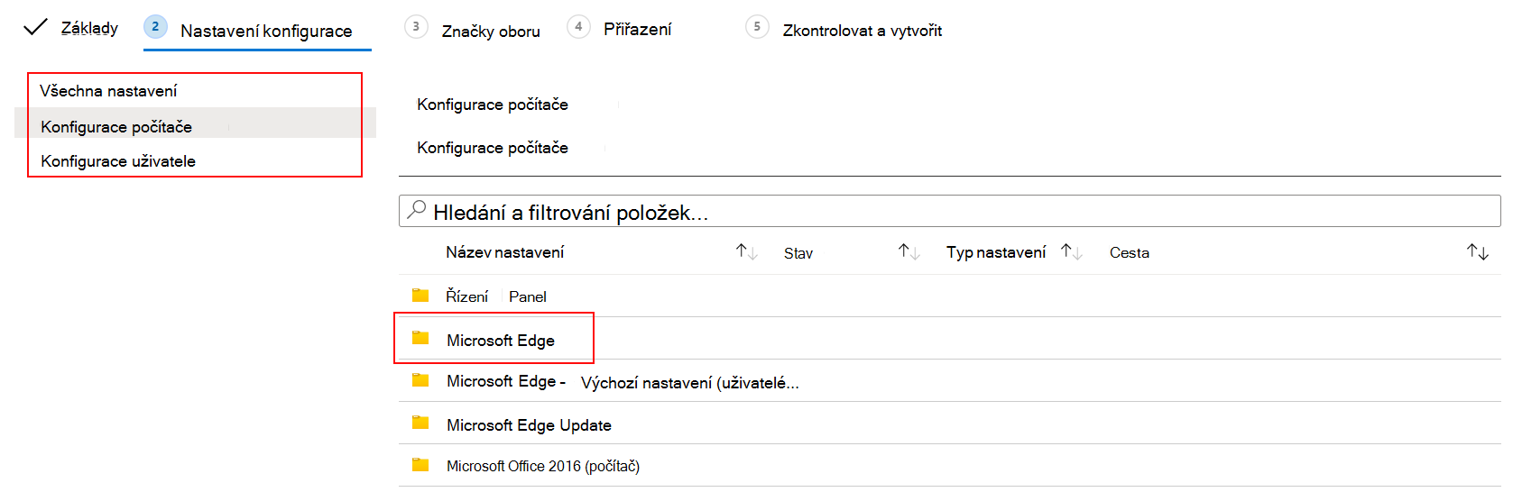 Snímek obrazovky znázorňující nastavení ADMX pro konfiguraci uživatele a počítače v centru pro správu Microsoft Intune a Intune