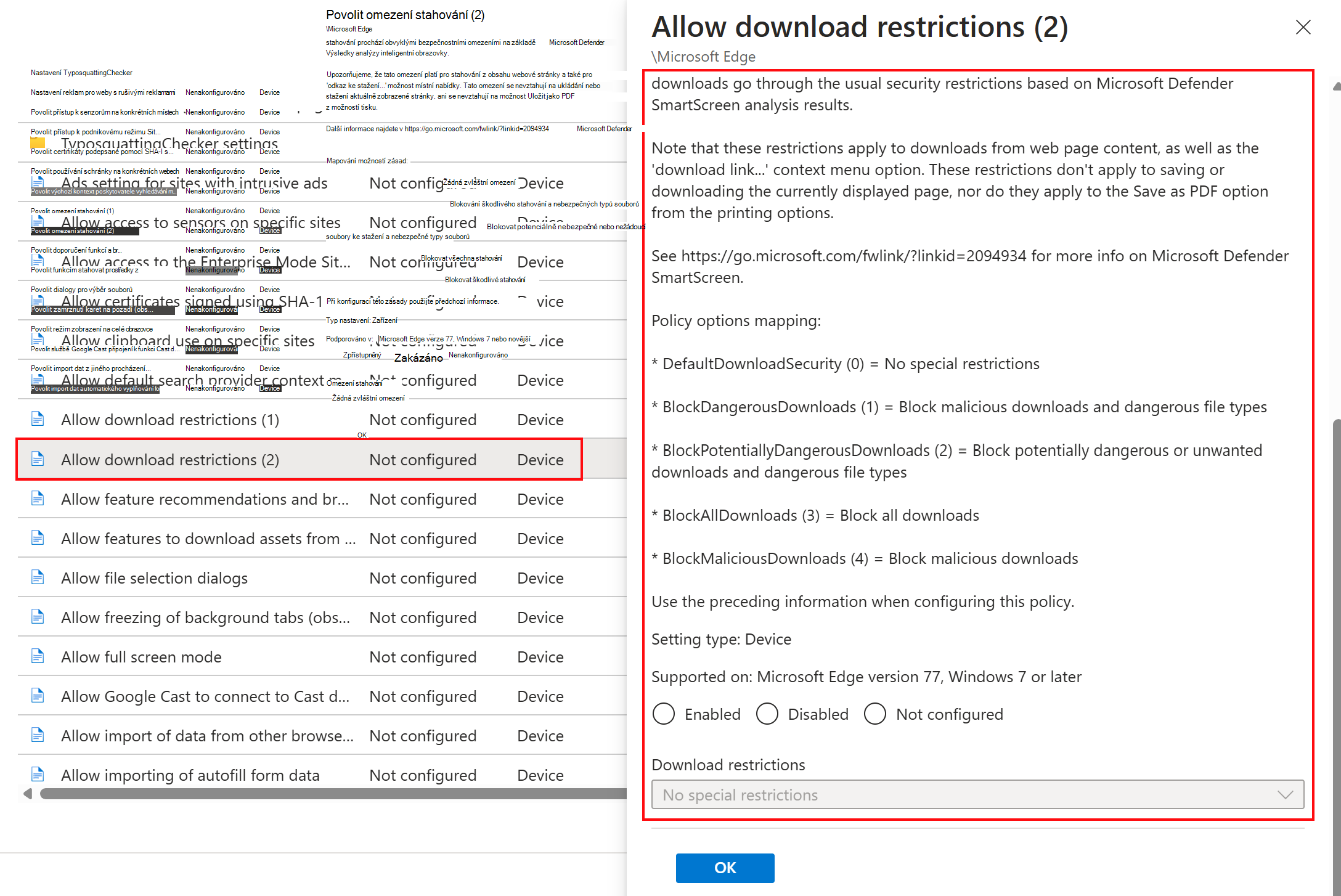 Snímek obrazovky s výběrem šablony Microsoft Edge ADMX a výběrem ukázkového nastavení v centru pro správu Microsoft Intune a Intune