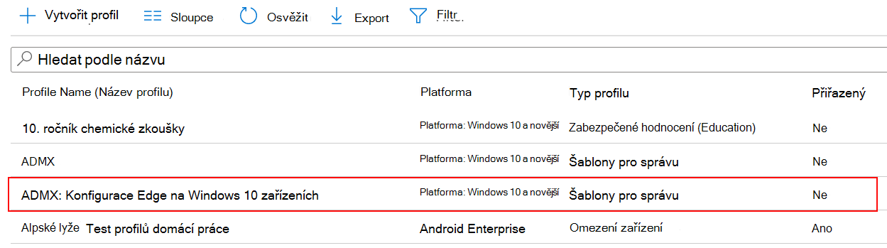 Snímek obrazovky s nastavením zásad ADMX se zobrazuje v seznamu konfiguračních profilů zařízení v centru pro správu Microsoft Intune a Intune.