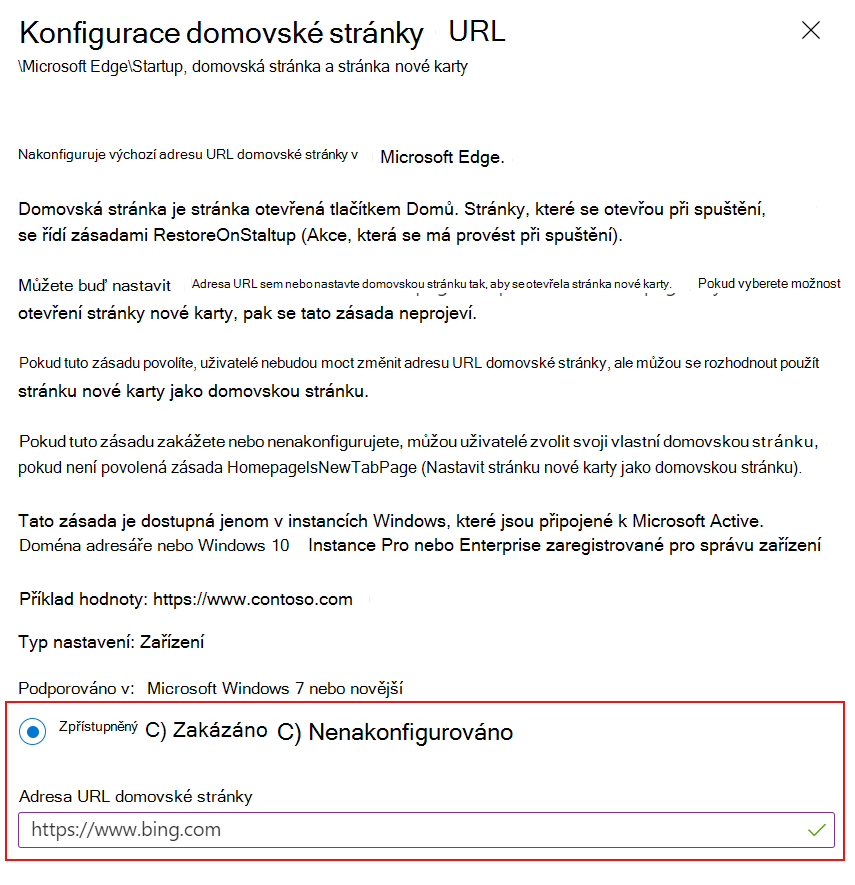 Snímek obrazovky s nastavením adresy URL domovské stránky Microsoft Edge na web pomocí šablon ADMX v centru pro správu Microsoft Intune a Intune