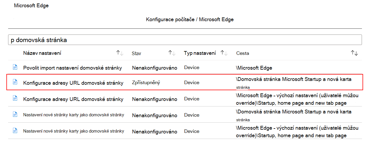 Snímek obrazovky se stavem Při konfiguraci nastavení ADMX se v centru pro správu Microsoft Intune a Intune zobrazuje stav Povoleno.