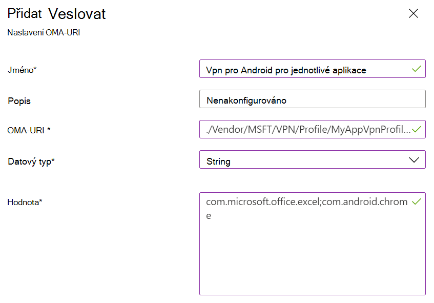 Snímek obrazovky znázorňující vlastní zásady VPN pro správce zařízení s Androidem pro jednotlivé aplikace v Microsoft Intune