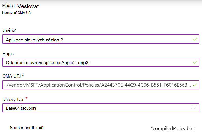 Přidejte vlastní OMA-URI pro konfiguraci applicationControl CSP v Microsoft Intune.