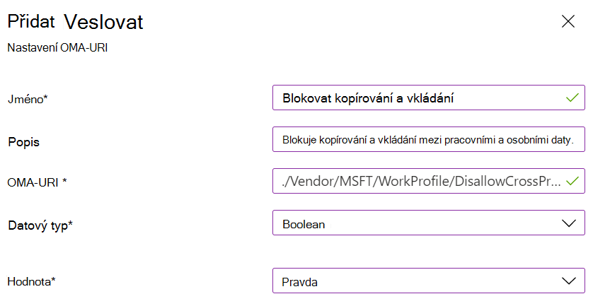 Snímek obrazovky s nastavením ve Microsoft Intune vlastním pracovním profilem, které blokuje kopírování a vkládání pro zařízení s Androidem Enterprise v osobním vlastnictví