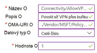 Snímek obrazovky znázorňující příklad vlastní zásady obsahující nastavení SÍTĚ VPN v Microsoft Intune