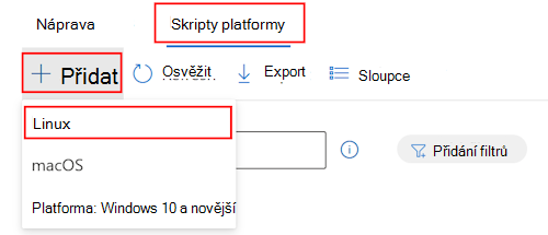 Snímek obrazovky, který ukazuje, jak vybrat zařízení, skripty, přidat a vybrat Linux z rozevíracího seznamu pro přidání vlastního skriptu Bash v Microsoft Intune