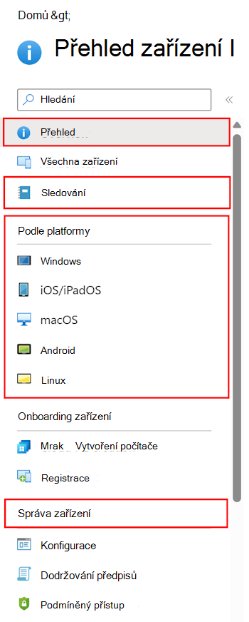 Snímek obrazovky, který ukazuje, jak vybrat Zařízení, abyste viděli, co můžete nakonfigurovat a spravovat v Microsoft Intune