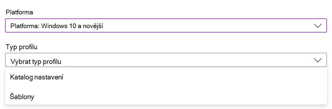 Snímek obrazovky, který ukazuje, jak vytvořit zásadu a profil konfigurace zařízení s Windows v Microsoft Intune