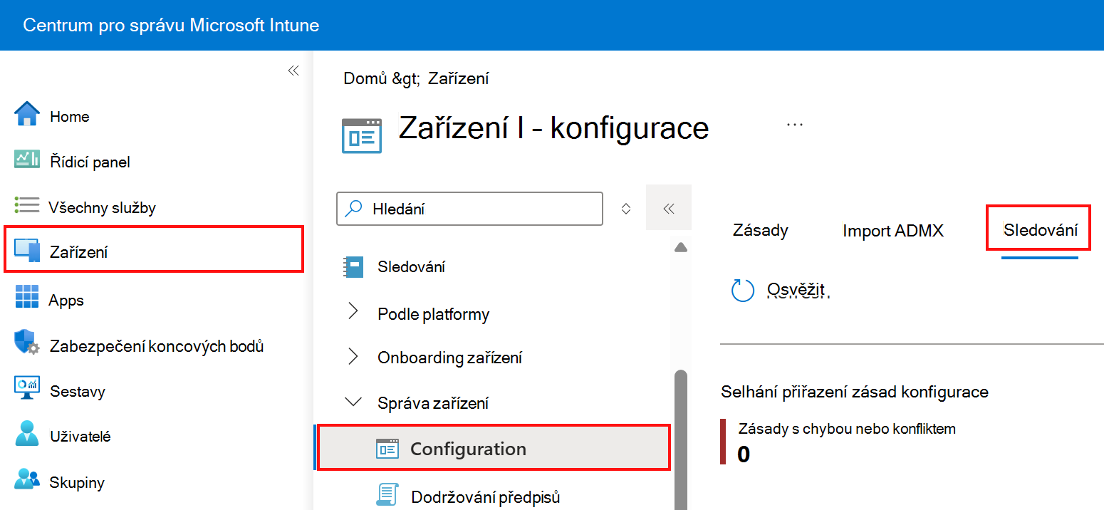 Snímek obrazovky znázorňující výběr karty monitoru v profilech konfigurace zařízení v Microsoft Intune a Centru pro správu Intune