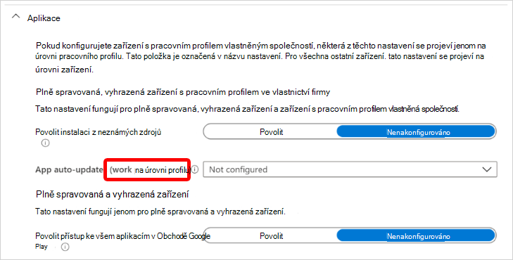 Snímek obrazovky znázorňující nastavení aplikace pro Android Enterprise, které platí na úrovni pracovního profilu vlastněného společností v Microsoft Intune