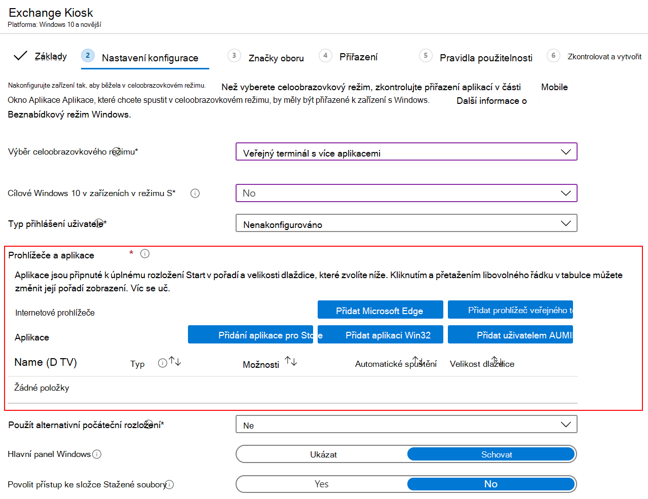 Přidejte prohlížeče nebo aplikace do profilu veřejného terminálu s více aplikacemi v Microsoft Intune.