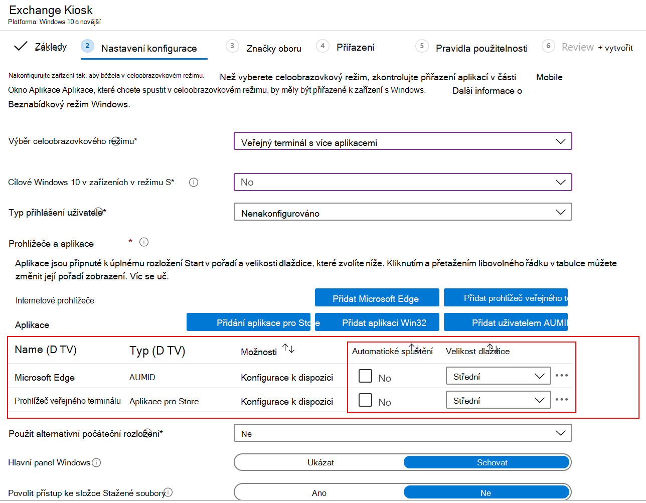 Automaticky spusťte aplikaci nebo prohlížeč a vyberte velikost dlaždice v profilu veřejného terminálu s více aplikacemi v Microsoft Intune.