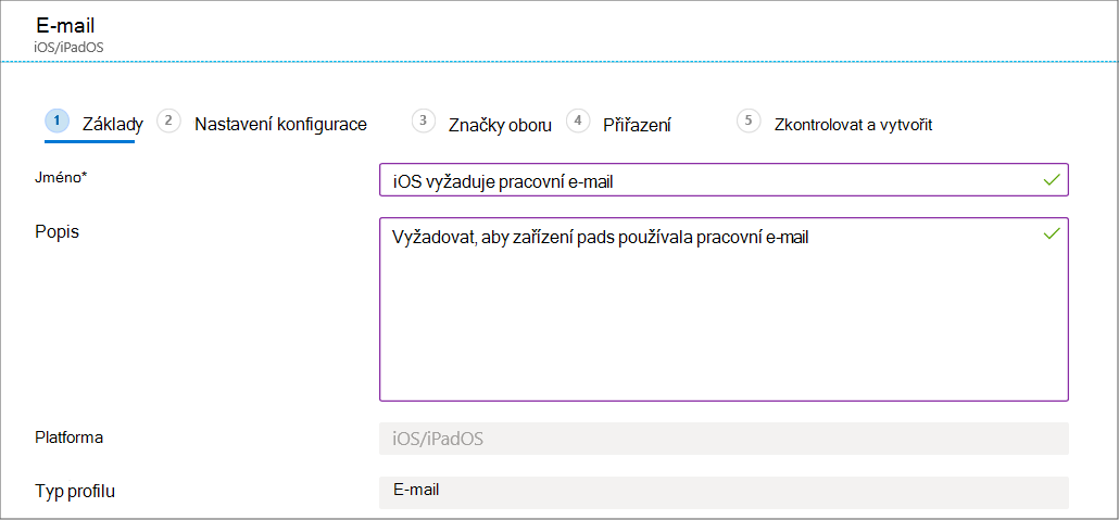 Vytvořte konfigurační profil e-mailového zařízení pro zařízení s iOS/iPadOS v centru pro správu Microsoft Intune a Intune.