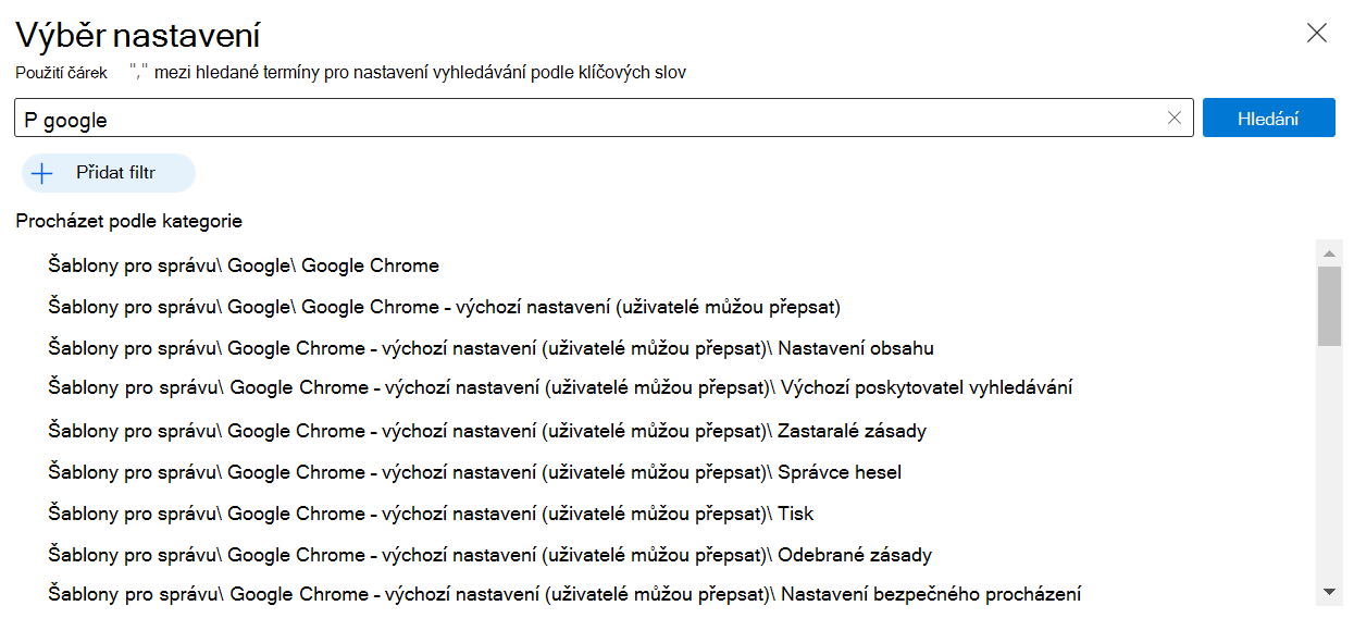 Snímek obrazovky znázorňující nastavení Google Chrome v katalogu nastavení, která jsou integrovaná do Microsoft Intune a centra pro správu Intune Pomocí těchto nastavení můžete vytvořit a nakonfigurovat zásady Google Chrome na zařízeních s Windows.