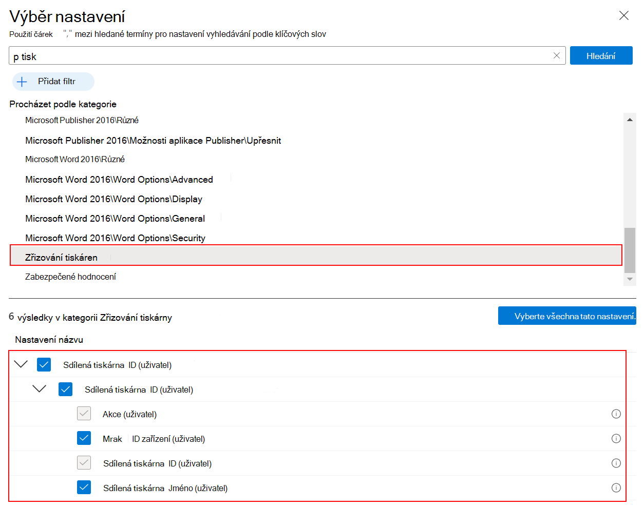 Snímek obrazovky, který ukazuje, jak vybrat zřizování tiskáren v katalogu nastavení a vytvořit zásady univerzálního tisku v Microsoft Intune a Intune centru pro správu