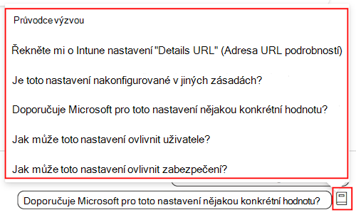 Snímek obrazovky znázorňující průvodce výzvou nastavení Copilotu a seznam dostupných výzev v katalogu nastavení v centru pro správu Microsoft Intune a Intune