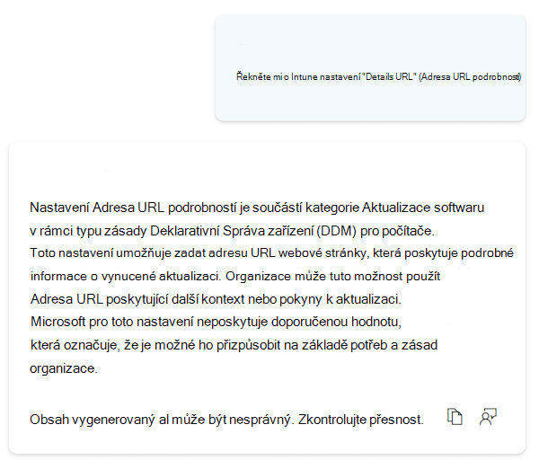 Snímek obrazovky s objektem Copilot s podrobnějšími informacemi o libovolném nastavení v katalogu nastavení v centru pro správu Microsoft Intune a Intune