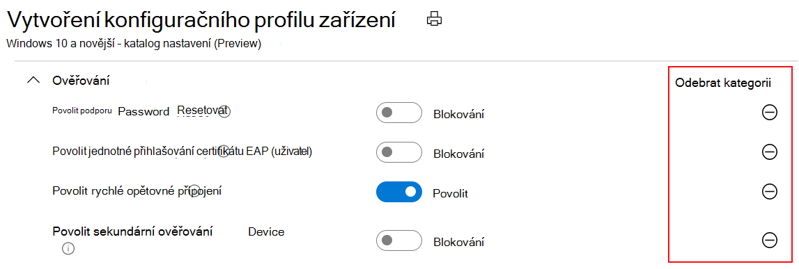 Snímek obrazovky znázorňující katalog nastavení a to, že výchozí hodnoty v centru pro správu Microsoft Intune a Intune jsou stejné jako výchozí hodnoty operačního systému.