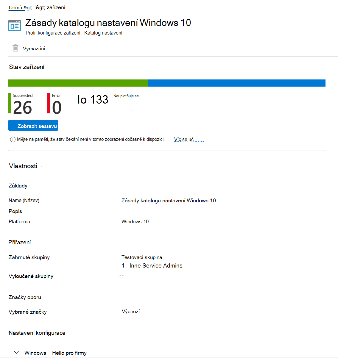 Snímek obrazovky, který ukazuje, jak vybrat zásadu katalogu nastavení a zobrazit stav zařízení, stav zásad a vlastnosti v Microsoft Intune a Intune centru pro správu