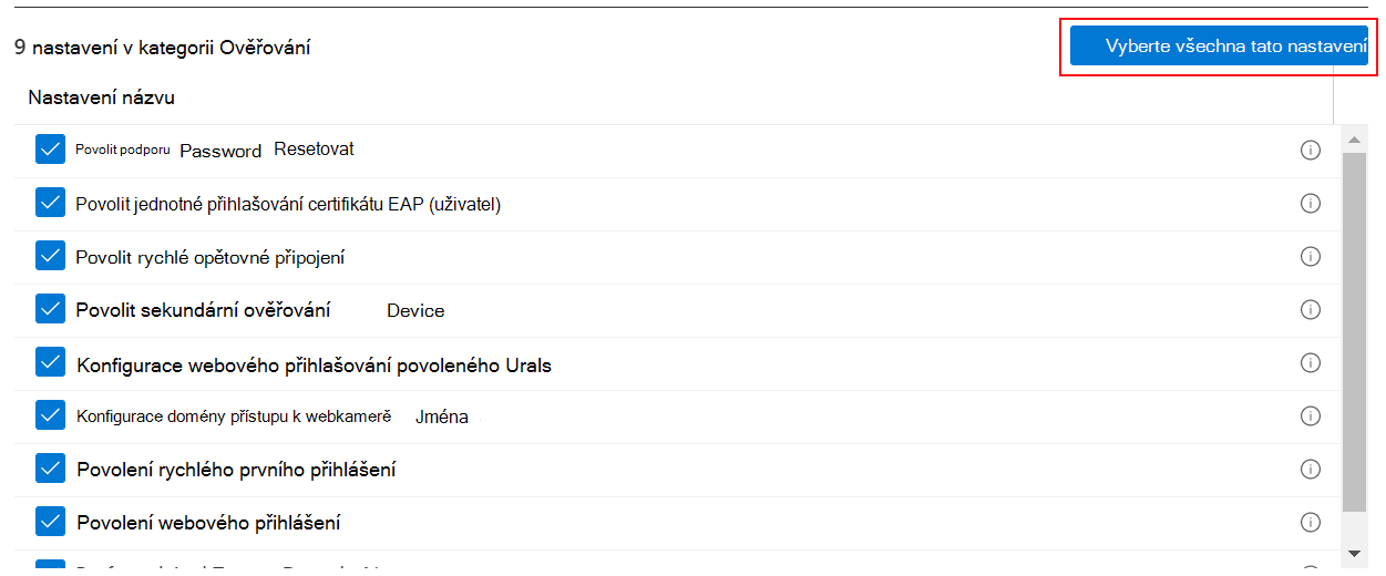 Snímek obrazovky znázorňující nastavení, když vyberete všechna tato nastavení v centru pro správu Microsoft Intune a Intune
