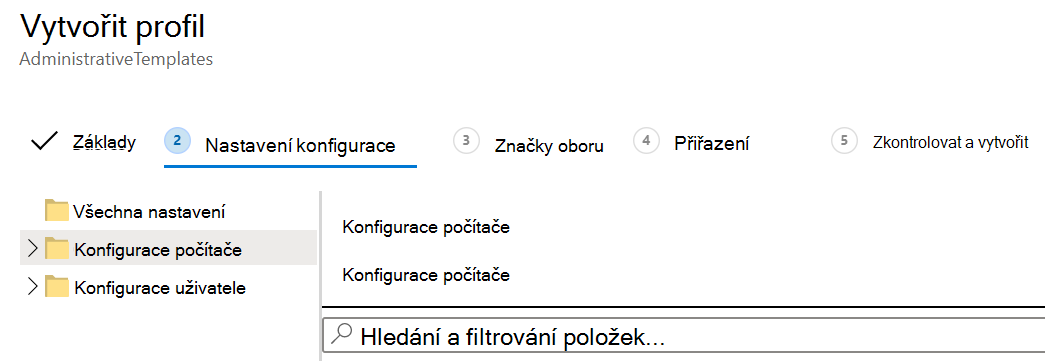 Snímek obrazovky, který ukazuje, jak použít nastavení šablony ADMX u uživatelů a zařízení v Microsoft Intune