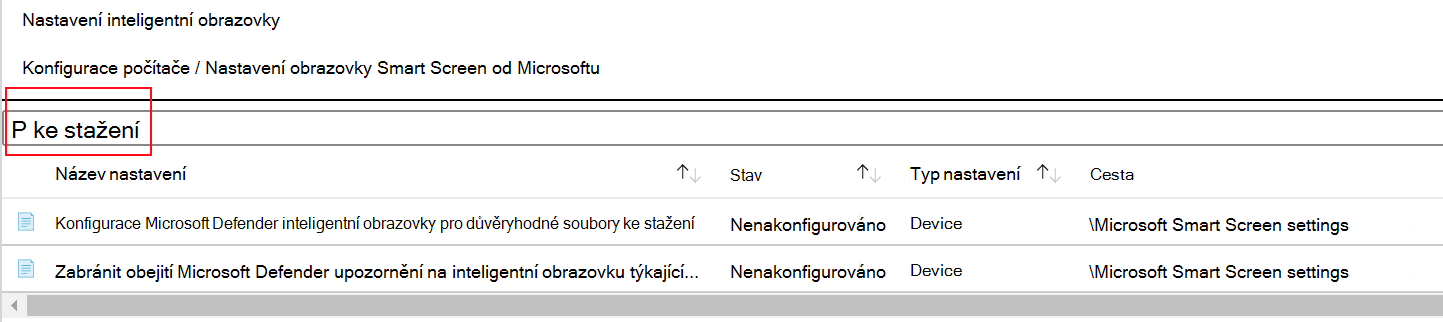 Snímek obrazovky, který ukazuje, jak filtrovat nastavení zásad SmartScreen v aplikaci Microsoft Edge v šabloně Microsoft Intune ADMX