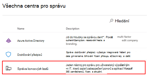 Snímek obrazovky znázorňující všechna centra pro správu v Centrum pro správu Microsoftu 365