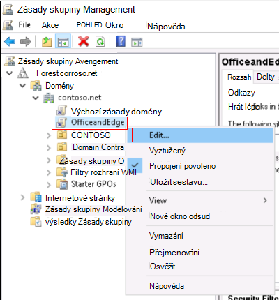 Snímek obrazovky, který ukazuje, jak kliknout pravým tlačítkem na zásady skupiny ADMX pro místní office a Microsoft Edge a vybrat Upravit