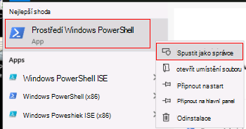 Snímek obrazovky, který ukazuje, jak spustit Windows PowerShell jako správce