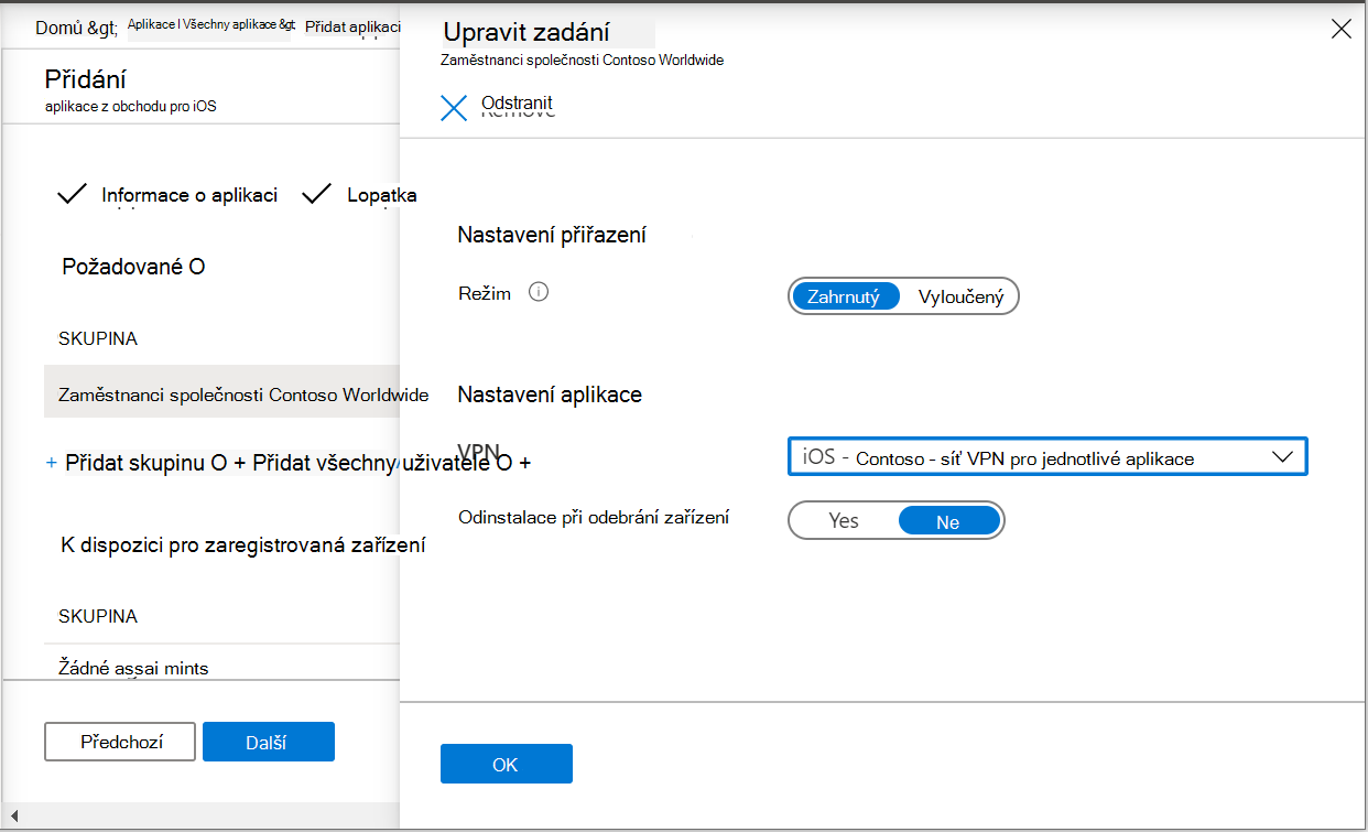 Dva snímky obrazovky znázorňující přiřazení aplikace k profilu VPN pro jednotlivé aplikace v centru pro správu Microsoft Intune a Intune