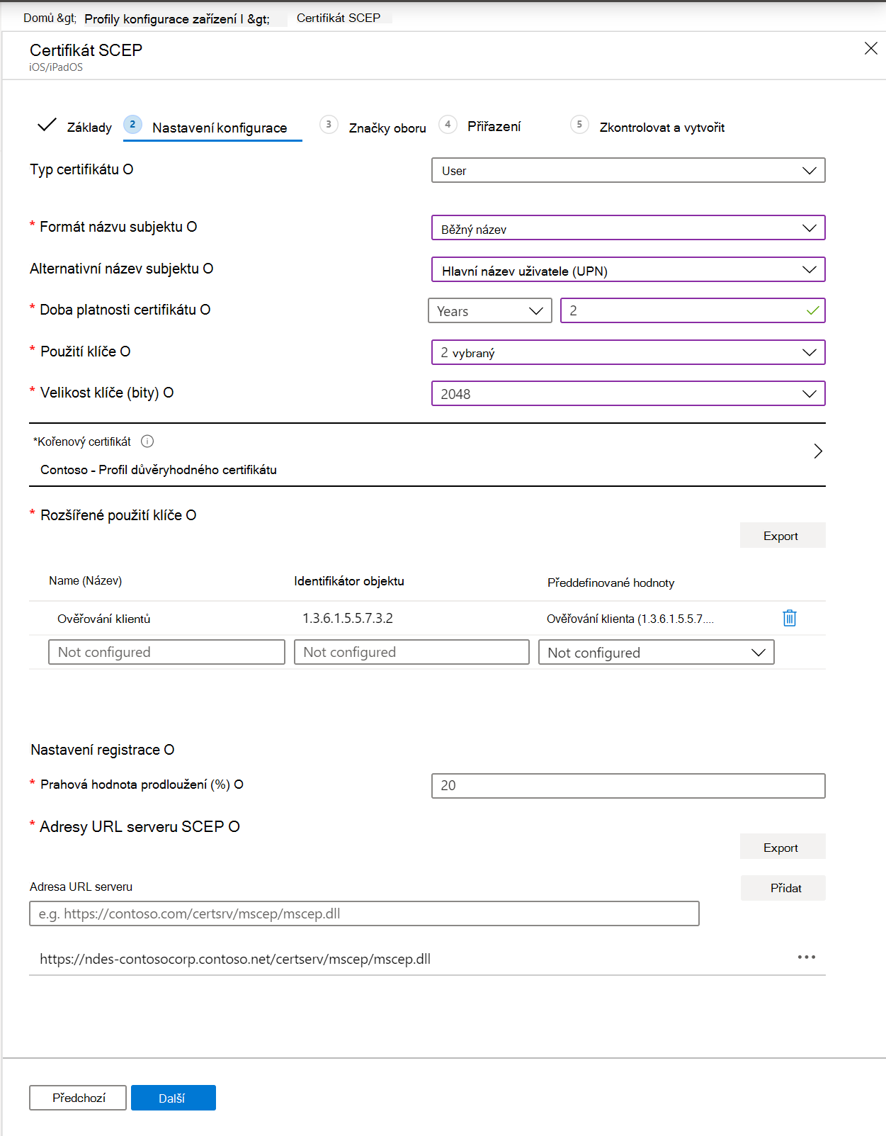 Vytvořte profil certifikátu SCEP v centru pro správu Microsoft Intune a Intune. Uveďte formát názvu subjektu, použití klíče, rozšířené použití klíče a další.