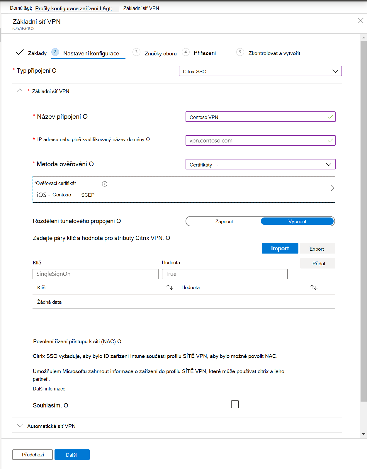 Snímek obrazovky znázorňující profil SÍTĚ VPN pro jednotlivé aplikace, IP adresu nebo plně kvalifikovaný název domény, metodu ověřování a rozdělené tunelové propojení v centru pro správu Microsoft Intune a Intune