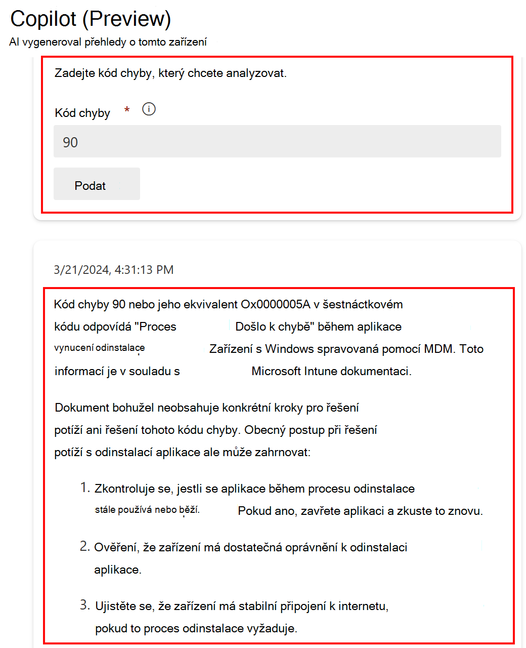 Snímek obrazovky znázorňující funkci Analýza kódu chyby v Copilotu po výběru zařízení v Microsoft Intune nebo Centru pro správu Intune