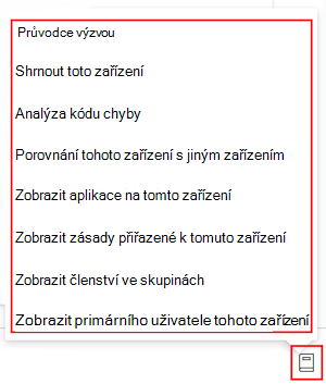 Snímek obrazovky znázorňující průvodce výzvou Copilotu po výběru zařízení v Microsoft Intune a Centru pro správu Intune.