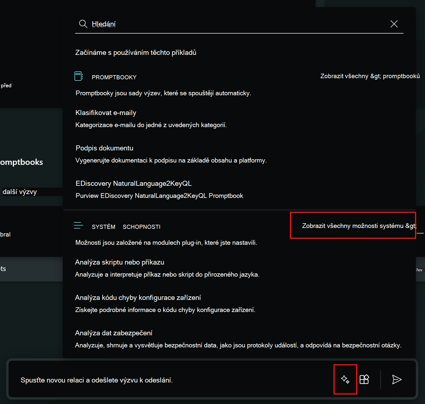 Snímek obrazovky znázorňující výběr ikony výzev a systémových možností v Security Copilot
