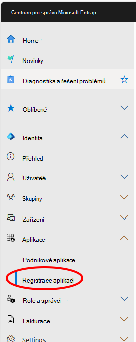 Snímek obrazovky s umístěním nabídky registrace aplikací Centra pro správu Entra