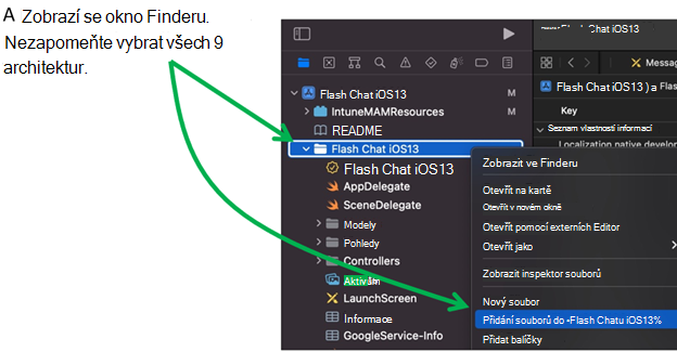 Obrazovka ukazující, jak přidat soubory do projektu aplikace v Xcode na zařízení s macOS