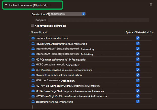 Snímek obrazovky znázorňující všechny architektury Microsoft Tunnelu vložené v Xcode na zařízení s macOS