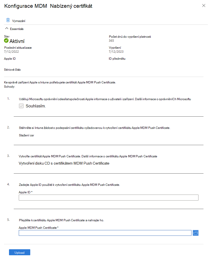 Snímek obrazovky Konfigurace certifikátu MDM Push Certificate s nenastavenými nabízenými oznámeními MDM