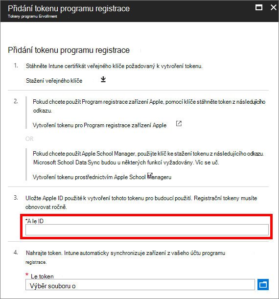 Ukázkový snímek obrazovky znázorňující Apple ID použité k vytvoření tokenu programu registrace a přechod na token programu registrace